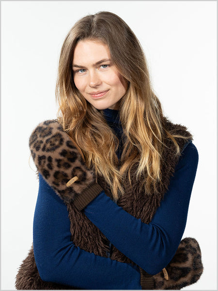 Faux Fur Mitts - Print Brown