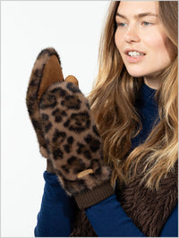 Faux Fur Mitts - Print Brown