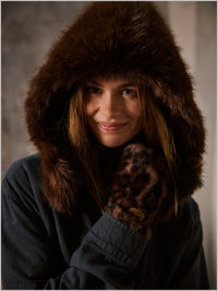 Faux Fur Mitts - Print Brown