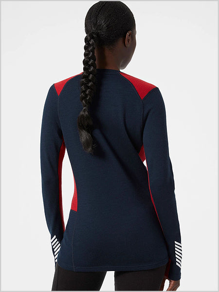 HH Womens Merino Lifa crew top - Navy / Red